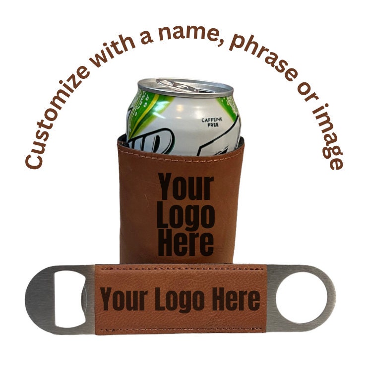 Custom Leather Cozie & bottle opener, Fits cans or bottles, custom beer Cozie. Custom bottle opener, engraved leather, Groomsman Gift set